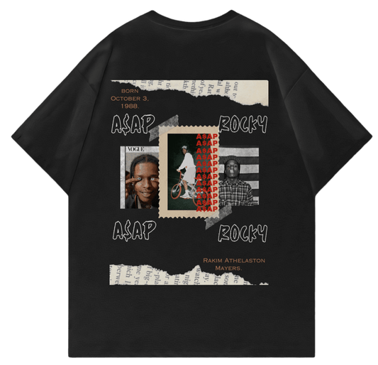 ASAP Rocky oversized t-shirt featuring graphic design and iconic images, perfect for streetwear fans and rap music enthusiasts.