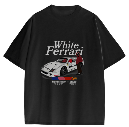 Black oversized Frank Ocean t-shirt featuring White Ferrari design and streetwear style.