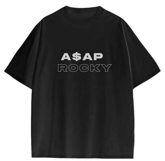 ASAP Rocky oversized black t-shirt, streetwear style, cotton fabric, drop shoulder design, trendy rap merch.