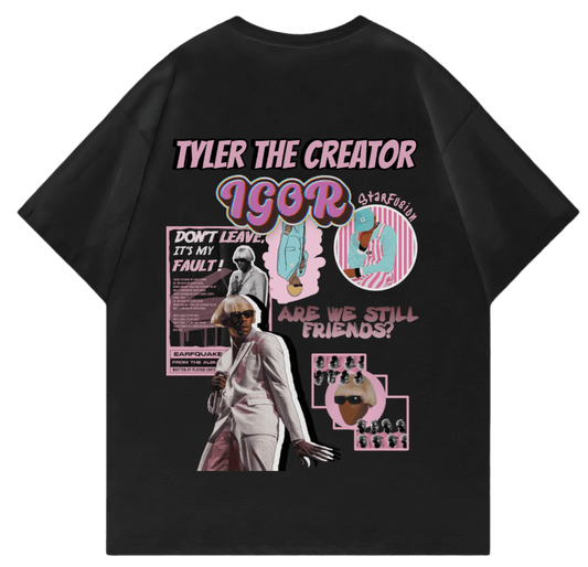IGOR V1 oversized t-shirt featuring Tyler, The Creator artwork, graphic design text, and vibrant colors for streetwear style.