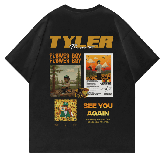 Oversized black t-shirt featuring Tyler, The Creator's Flower Boy design and graphics, capturing streetwear vibe.