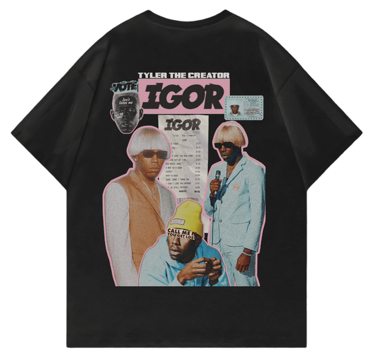 IGOR V2 Tyler The Creator oversized t-shirt featuring vintage art design on black background, perfect for streetwear fans.