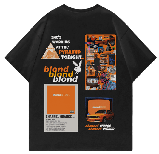 BLOND V2 oversized t-shirt featuring Channel Orange graphics, minimalist design, and streetwear aesthetic.