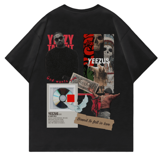 YEEZUS oversized t-shirt featuring collage graphics inspired by Kanye West, perfect for streetwear and music fans.
