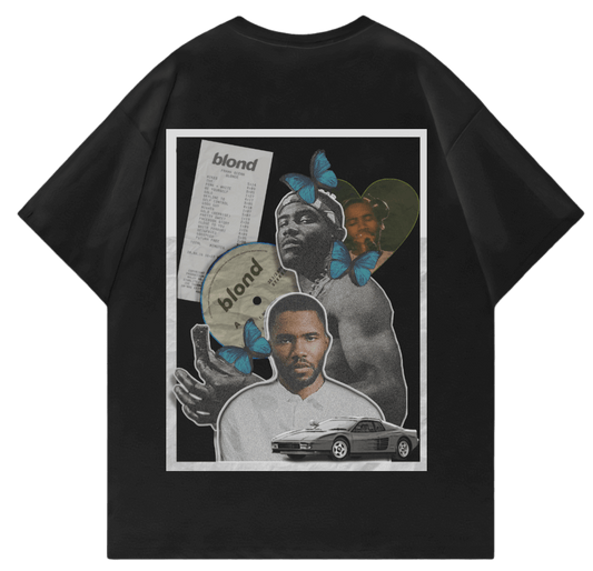 Frank Ocean oversized t-shirt featuring a collage of album art, butterflies, and vintage car, perfect for streetwear lovers.
