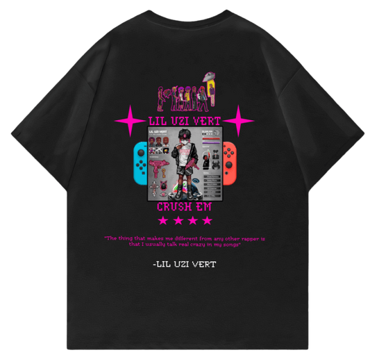 Oversized black Lil Uzi Vert t-shirt featuring graphic design and quote, perfect for streetwear enthusiasts.