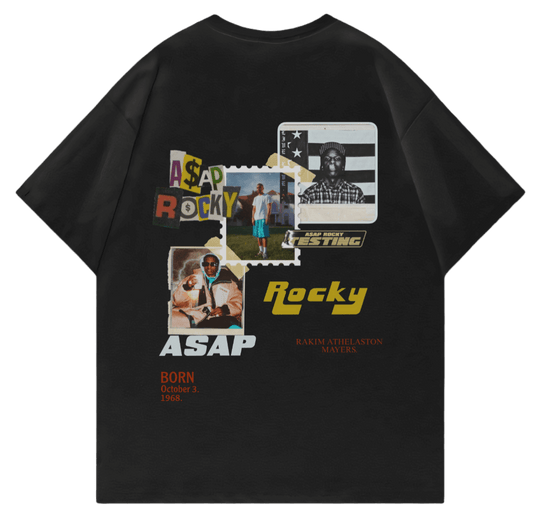 ASAP Rocky oversized t-shirt featuring graphic collage, unique streetwear style, perfect for fans of rap and urban fashion.