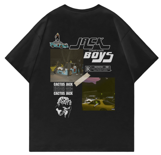 Back of JACK BOYS oversized t-shirt featuring Travis Scott graphics and Cactus Jack designs.